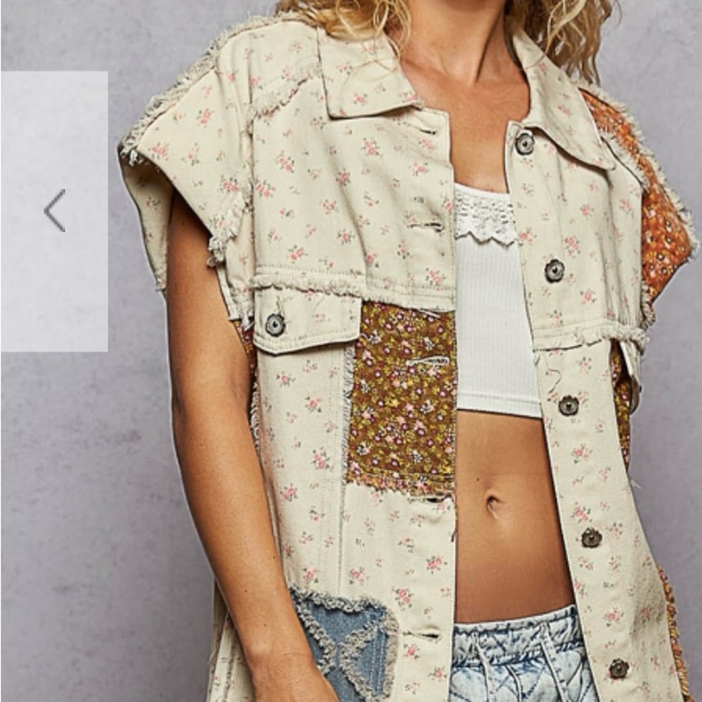 POL Patchwork Denim Vest – Boho Cottagecore size S 23” pit to pit.